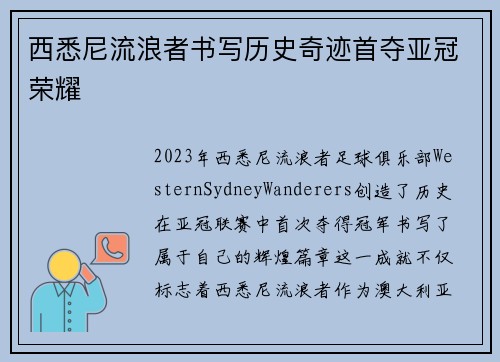西悉尼流浪者书写历史奇迹首夺亚冠荣耀 西悉尼流浪者书写历史奇迹首夺亚冠荣耀