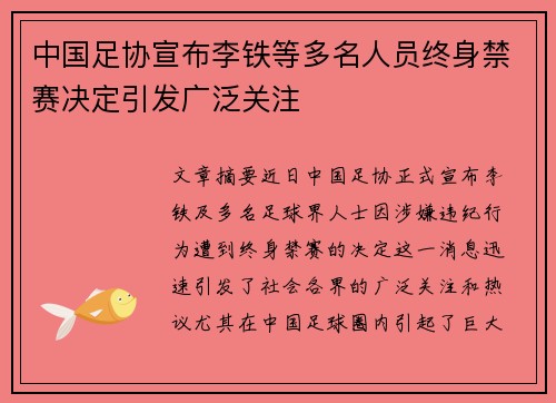 中国足协宣布李铁等多名人员终身禁赛决定引发广泛关注 中国足协宣布李铁等多名人员终身禁赛决定引发广泛关注