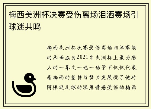 梅西美洲杯决赛受伤离场泪洒赛场引球迷共鸣 梅西美洲杯决赛受伤离场泪洒赛场引球迷共鸣